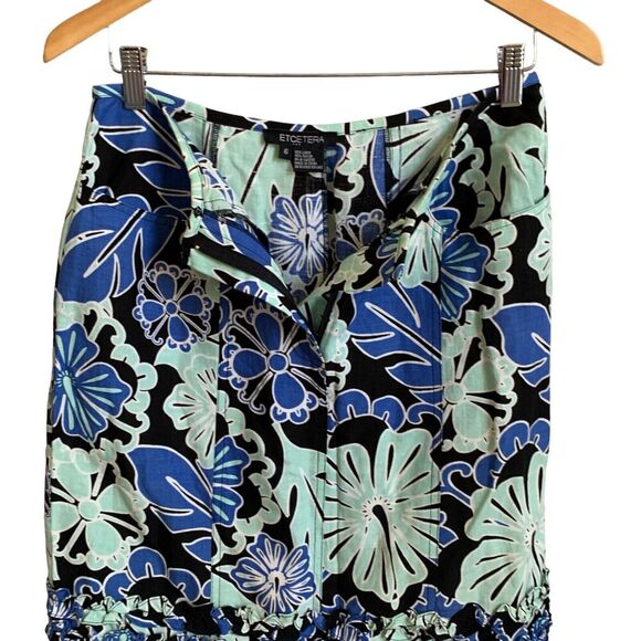 VTG ETCETERA Linen Skirt SIZE 6 Blue and White Ruffled Floral Pockets Front Zip - Picture 3 of 14